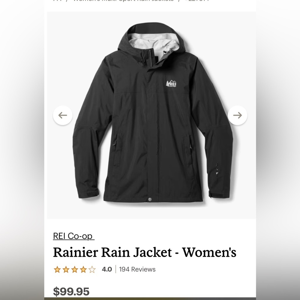 REI Waterproof Rainier women’s black rain jacket